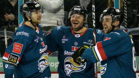 JJ Piccinich celebrates with Belfast Giants team-mates after doubling the home side's lead in Sunday's game against Coventry