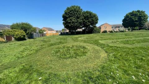 A green field where a pattern is mowed into the grass but much of the grass ls left long. Several large trees sit at the edge of the field and it is bordered by yellow brick houses. 