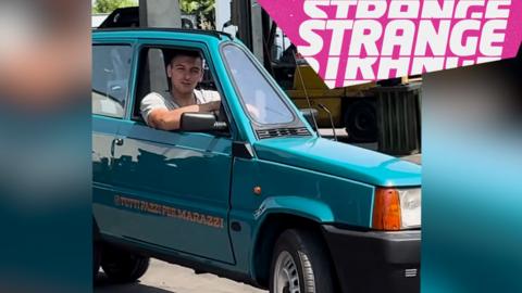 A man in a skinny car and the Strange News logo