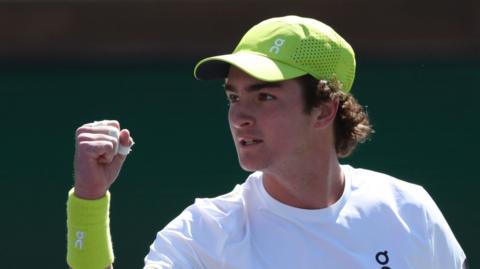 Joao Fonseca celebrates in his match against Joao Fonseca at Indian Wells