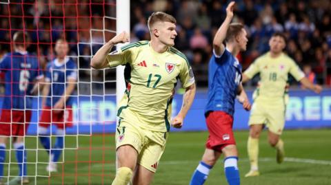 Jordan James celebrates his goal