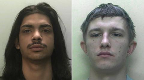 A mugshot of Casey Foster. He has long black hair, a moustache and brown eyes. A mugshot of Royston Morgan. He has short brown hair and brown eyes.