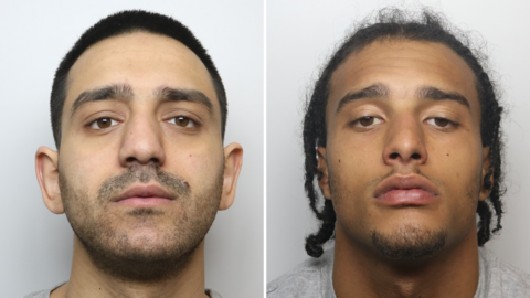 Police mugshots of two men in their early twenties, side by side. The man on the left - Harris Mohammed - has short dark hair, dark eyes and stubble. The man on the right - Riccardo Nadim - has short dreadlocks and a short goatee.