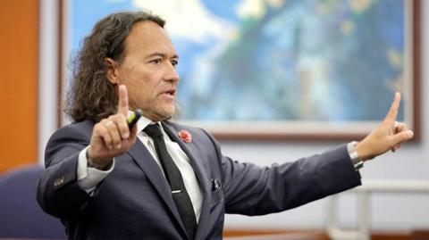 A defence attorney in a suit delivering an opening statement.