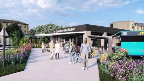 The CGI image shows several people milling about in front of the building. The sign above the entrance reads "Dewsbury Bus Station". Flowerbeds adorn the footpath on either side.