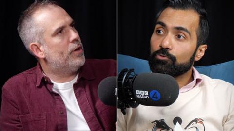 Two men are shown in a split image. The man on the left is wearing a white t-shirt and burgundy shirt and the man on the right is wearing a cream sweater.