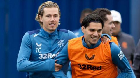 Todd Cantwell and Ianis Hagi in training for Rangers in July