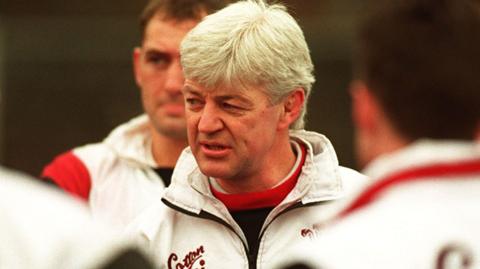 Kevin Bowring speaks to Wales players during training in March 1996