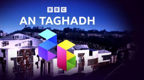 Dealbh de Phàrlamaid na h-Alba le brandadh An Taghadh '26 thairis air