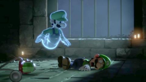 Luigi's ghost hovers over his dead body.