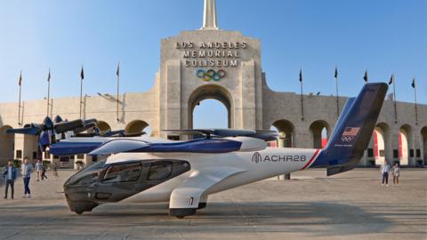 A artist's impression Archer Aviation vehicle outside the LA coliseum