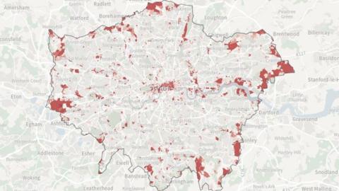 A map of London showing internet 'not-stops' marked in red. They are most prominent at the edges of the city. 