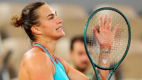 Aryna Sabalenka celebrates victory over Kamilla Rakhimova in the French Open first round