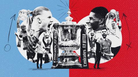Collage of players and manager from Manchester City (left), including Erling Haaland (main), Vincent Kompany, Kevin de Bruyne and Pep Guardiola, and Manchester United (right), including Marcus Rashford (main), Bruno Fernandez, Wayne Rooney and Erik ten Hag, either side of the FA Cup trophy (centre)