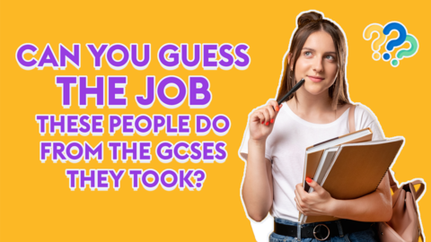 A teenage girl holding school books and looking thoughtful. Text reads 'Can you guess the job these people do from the GCSEs they took?'