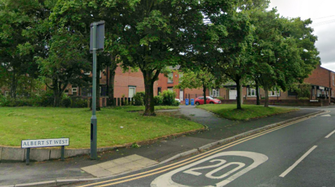 Street view of the entrance to 'Albert St West' as displayed on a white road sign on a street corner. 20 mph speed warnings are painted on the road. Houses, cars, grass verges and trees are in the background.