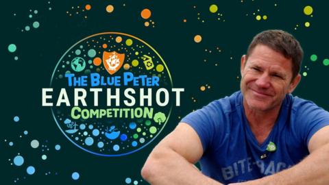 Steve Backshall with The Blue Peter Earthshot Competition logo