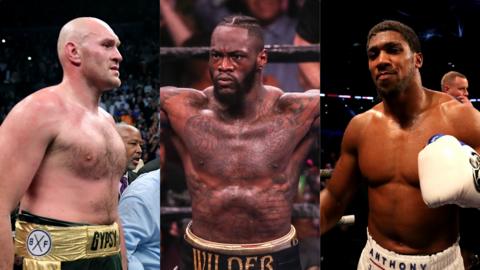 Collage of pictures of Tyson Fury, Deontay Wilder and Anthony Joshua