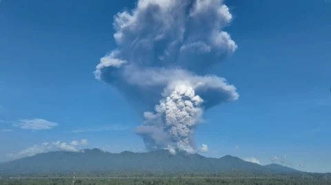 A volcano belching a massive ash cloud ito a bright blue sky as seen from afar