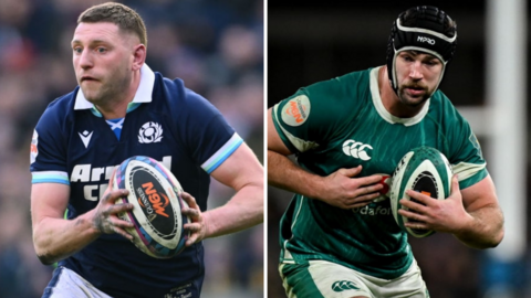 Finn Russell of Scotland and Caelan Doris of Ireland