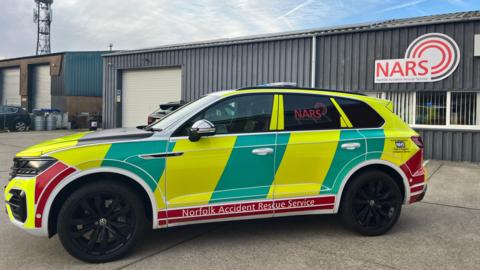 A side view of a first responder car parked outside an industrial unit which has a white and red sign on it saying NARS. The car has neon yellow and green stripes with Norfolk Accident Rescue Service written in white on a red banner along the bottom of the car, between the front and back wheel. NARS in red capitals is on a back passenger window.