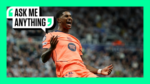 Marcus Rashford celebrating scoring for Barcelona against Newcastle with a green border and 'Ask Me Anything' logo in the top corner