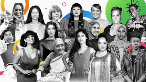 A stylised composite image showing black and white photos of the women on this year's list, with bright orange, blue and green shapes behind them