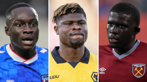 A triptych showing, from left to right, Habib Diarra, Emmanuel Agbadou and El Hadji Malick Diouf from chest up in action for Sunderland, Wolves and West Ham respectively. Diarra is in a blue jersey, Agbadou in gold and Diouf in claret kit