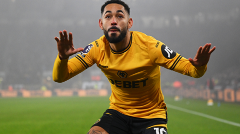 Wolves forward Matheus Cunha celebrates scoring against Manchester United in the Premier League