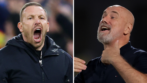 Separate images of Wales' Craig Bellamy and Bosnia's Sergej Barbarez animated on the touchline 