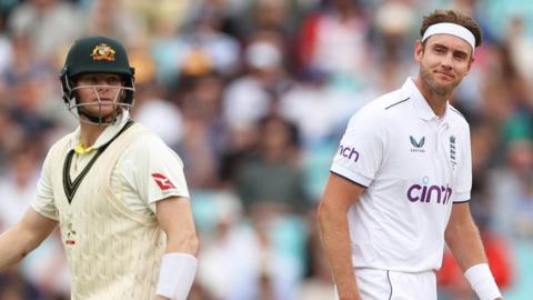 Australia batter Steve Smith and England bowler Stuart Broad in Ashes action