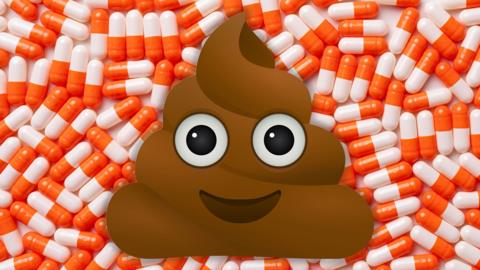 A poop emoji is superimposed on a background of pills.
