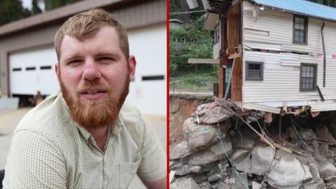 Split screen of a man and a home dangling from a roadside 