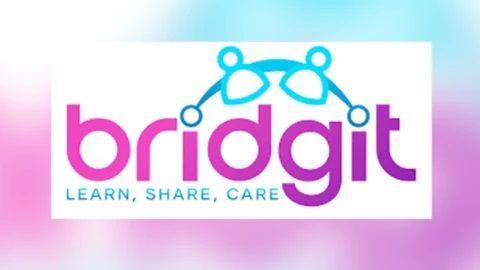 Bridgit logo, which features the name in pink, with 'learn, share, care' written in blue underneath. Over the top there is the outline of a bridge. 