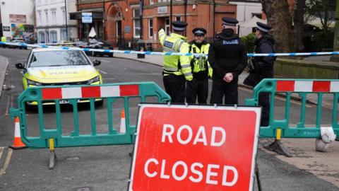 Police cordon near to the scene in Friar Gate, Derby.