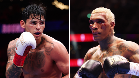 A split image of American Ryan Garcia and British boxer Conor Benn in action, with the latter sporting a swollen face with a cut below his left eye