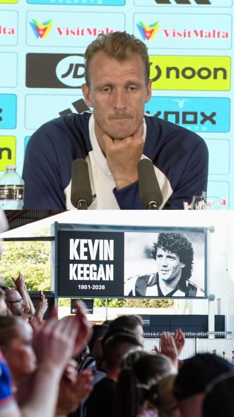 A split image showing Dan Burn at a football press conference above a crowd applauding beneath a stadium screen displaying a black-and-white tribute to Kevin Keegan with the dates 1951-2026.