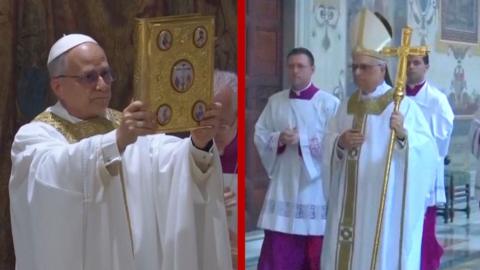 A composite image of Pope Leo XIV holding a book and a staff