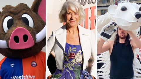 Three images edited together showing a man with a polar bear puppet on his head, a football mascot that looks like a wild boar and a close-up of actress Helen Mirren laughing