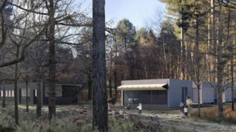 Artist's impression of one of the eco lodges planned for Pentney Woods. The single-storey buildings have floor-to-ceiling windows and are clad in wood. 