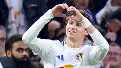 Leeds United's Brenden Aaronson celebrates after scoring