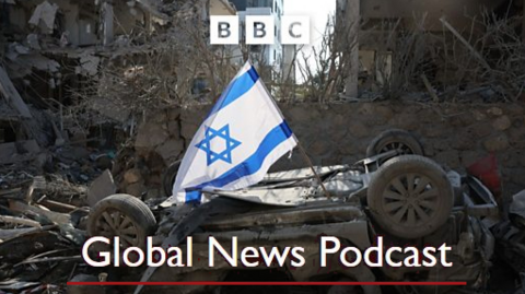 The image depicts a scene of destruction, with a flipped-over car in the foreground and an Israeli flag planted on top of it. Surrounding the car is rubble and damaged buildings, suggesting the aftermath of conflict or disaster. At the top of the image, the BBC logo is visible, and below the car, the text "Global News Podcast" appears, indicating that this image may be associated with a news discussion or coverage of events related to Israel.