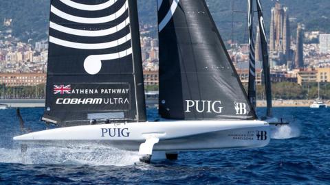 The British Athena Pathway AC40 race boat in action at the first Women's America's Cup