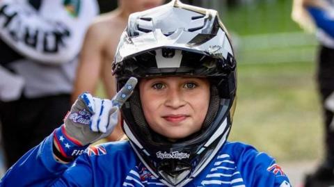 BMX champion Iris Hajda on her bike on the track.