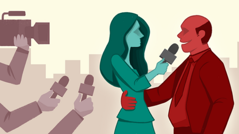 Animation of women reporter being touched by interviewee