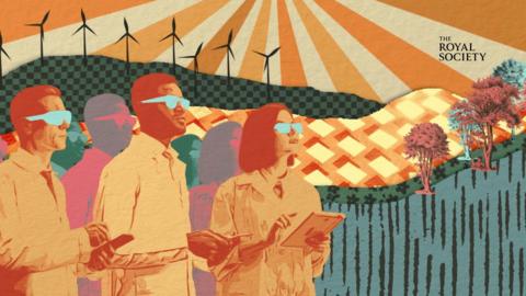 Illustration of scientists wearing sunglasses, with turbines in the background