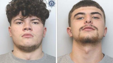 Two mugshots of men wearing grey Tt-shirts. Both men are looking into the camera. The left hand one has curly brown hair and stubble on his chin. The right hand has short dark hair and a short dark goatee beard