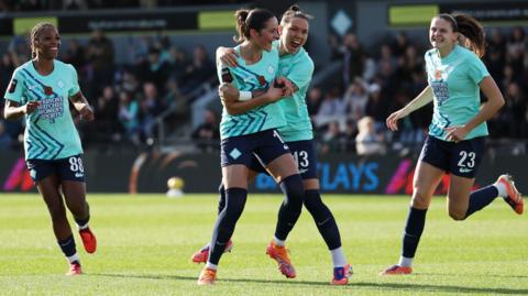 Freya Godfrey of London City Lionesses celebrates with team-mate Elena Linari after scoring her team's first goal