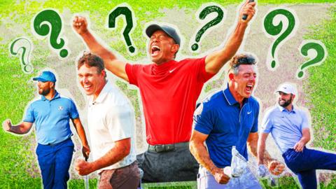 A graphic image of five golfers - Jon Rahm, Brooks Koepka Tiger Woods, Rory McIlroy and Scottie Scheffler with question marks around them