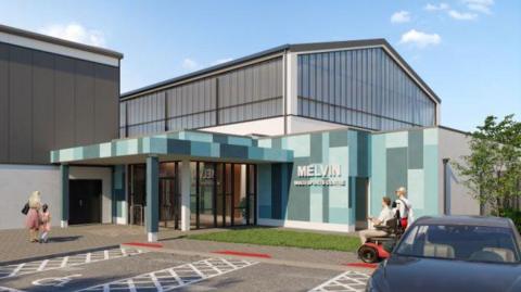 A design drawing of an upgraded Melvin sports centre in Strabane with the entrance in the centre of the pic. A car park, with one parked car, is in the foreground to the right of the door, as a man in a wheelchair passes by accompanied by a lady. To the far left is a wman and child. All four people are making their way to the entrance.